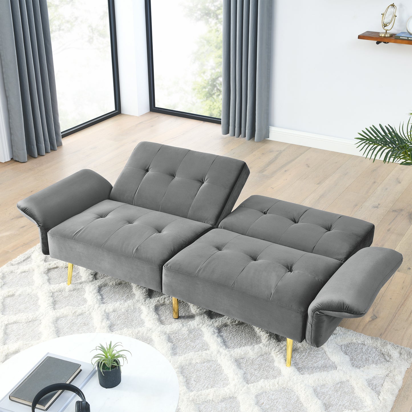 The Bella: Italian Velvet Convertible Sleeper Loveseat (Gray)