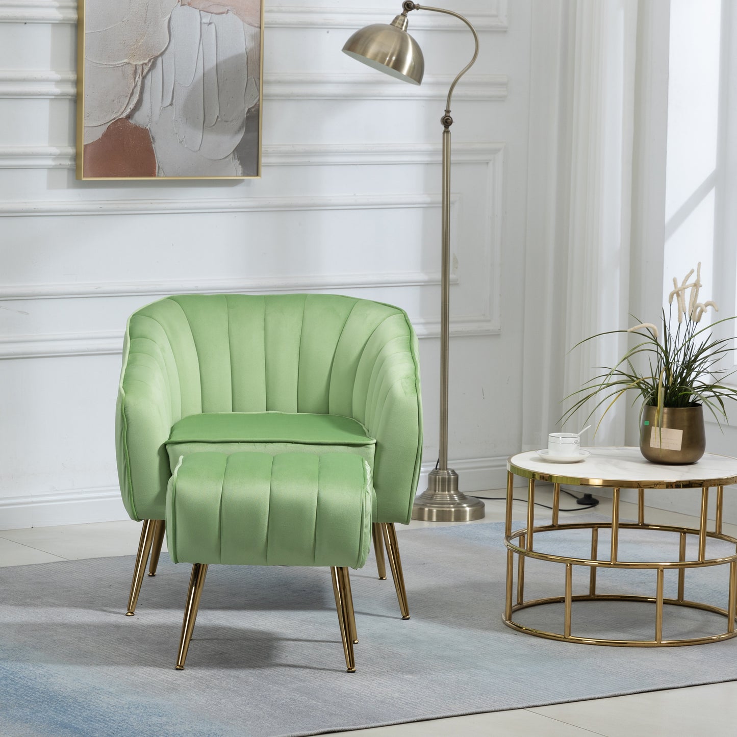 The Isabella: Velvet Tufted Barrel Accent Chair w/ Ottoman (Grass Green)