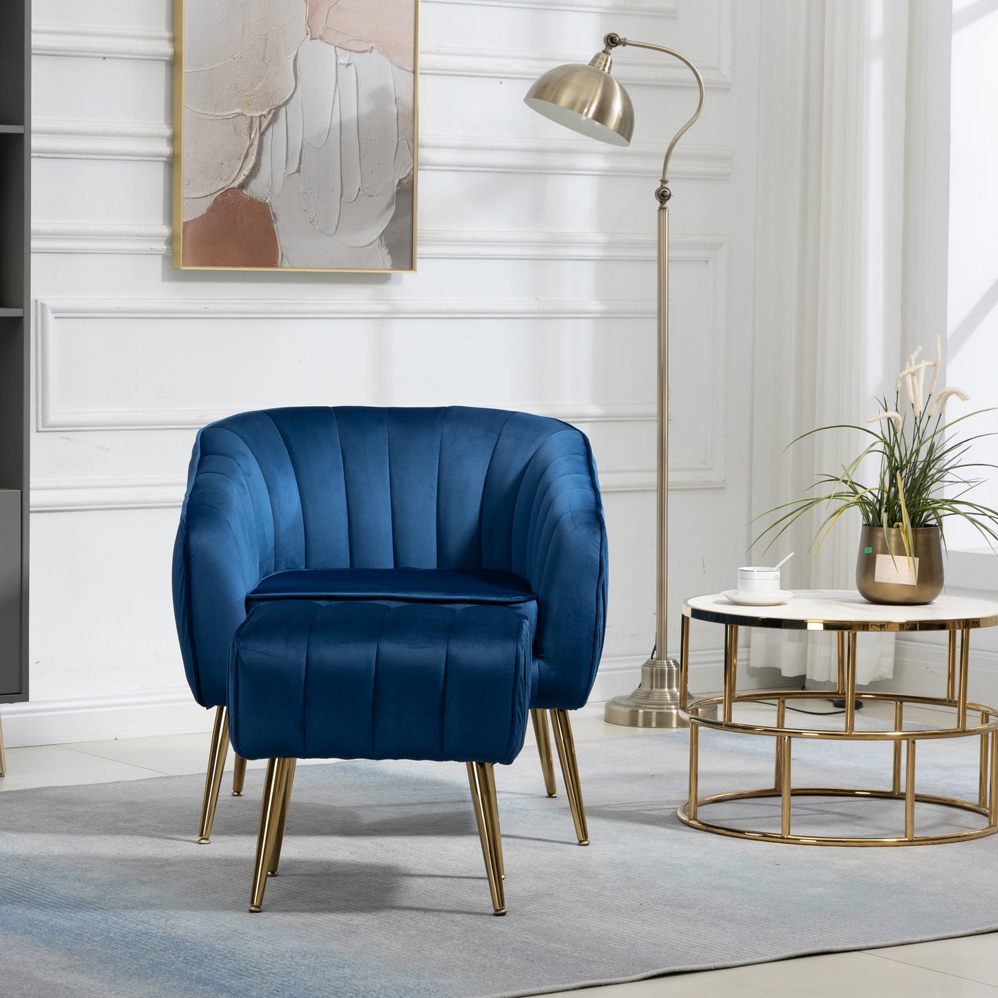 The Isabella: Velvet Tufted Barrel Accent Chair w/ Ottoman (Blue)