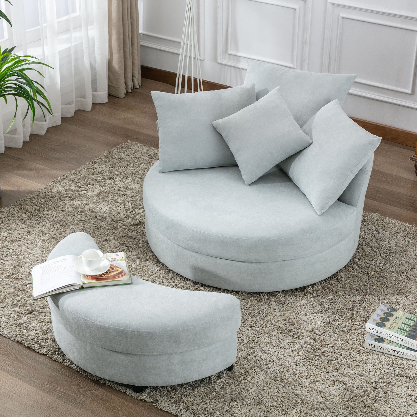 The Sophia: 360° Swivel Accent Barrel Chair w/ Storage Ottoman & Pillows