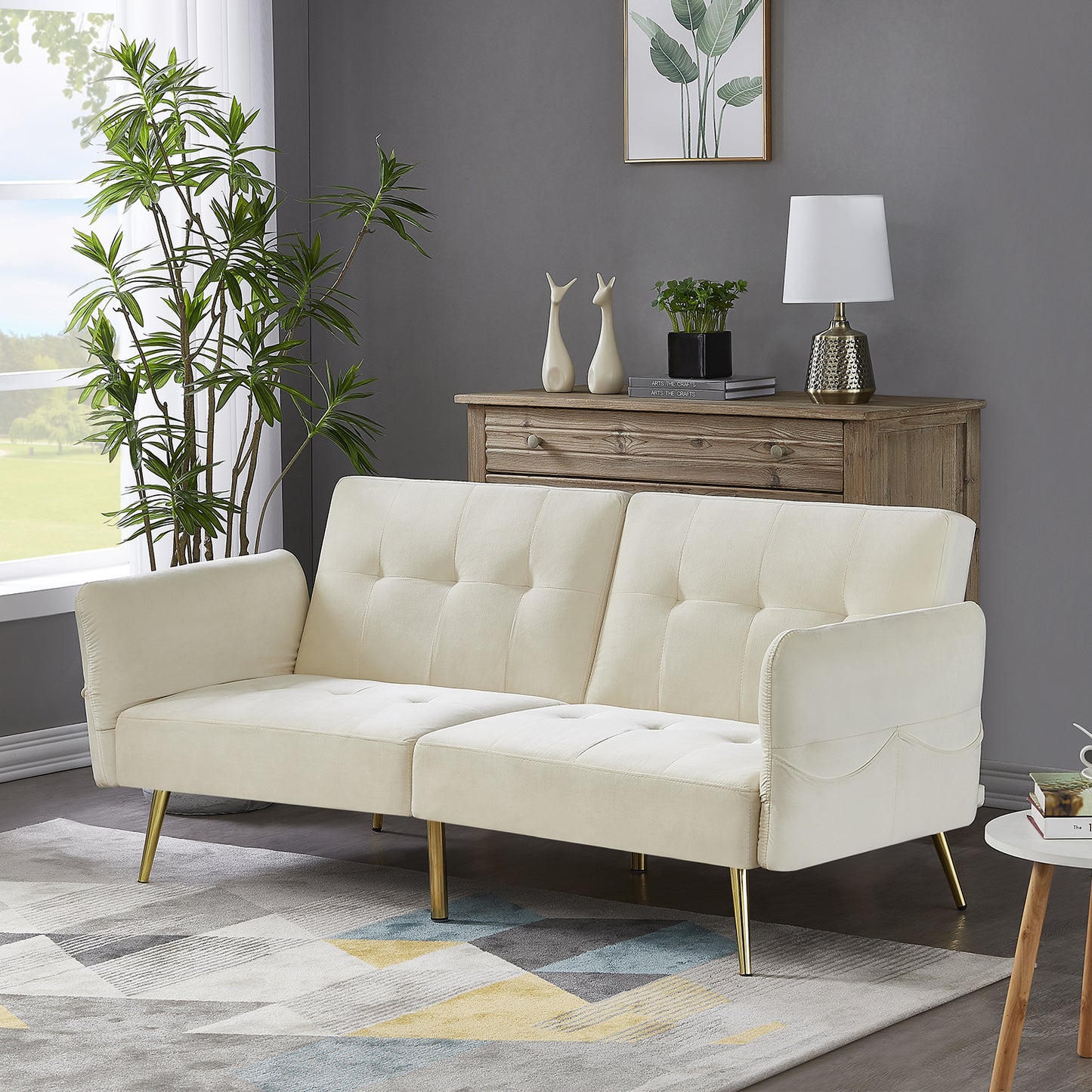 The Bella: Italian Velvet Convertible Sleeper Loveseat (Beige)