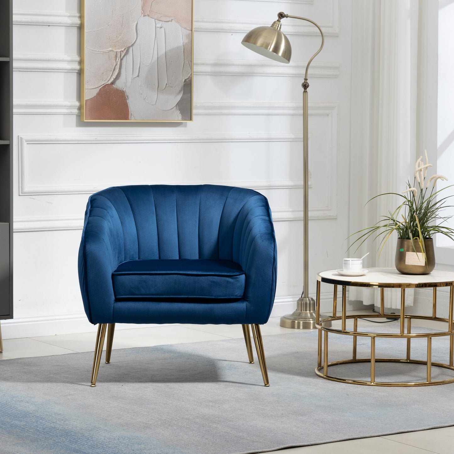 The Isabella: Velvet Tufted Barrel Accent Chair w/ Ottoman (Blue)