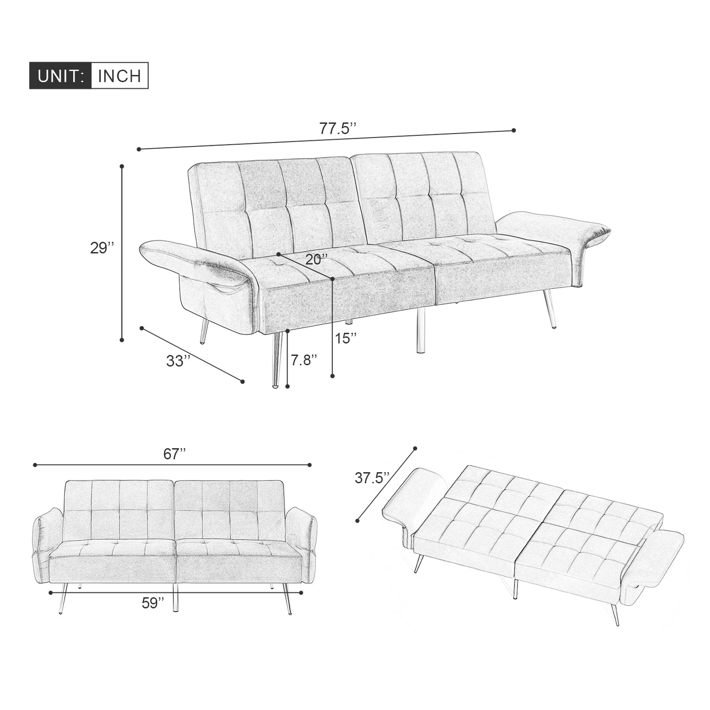 The Bella: Italian Velvet Convertible Sleeper Loveseat (Gray)