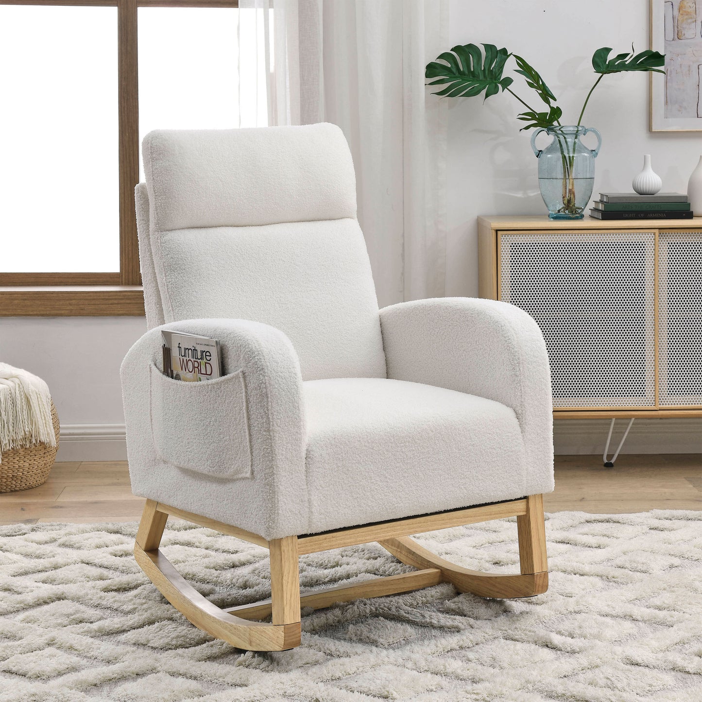 The Ophelia: Modern Accent High Backrest Rocking Chair (Ivory)