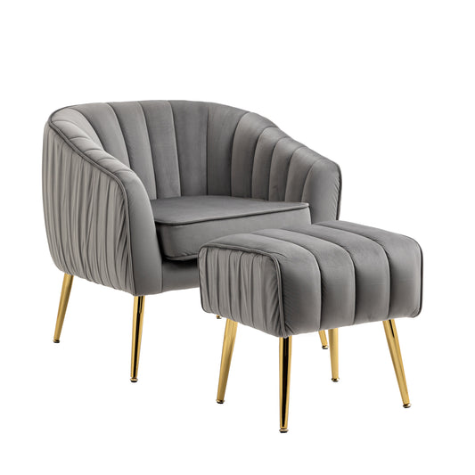 The Isabella: Velvet Tufted Barrel Accent Chair w/ Ottoman (Gray)