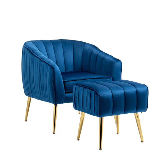 The Isabella: Velvet Tufted Barrel Accent Chair w/ Ottoman (Blue)