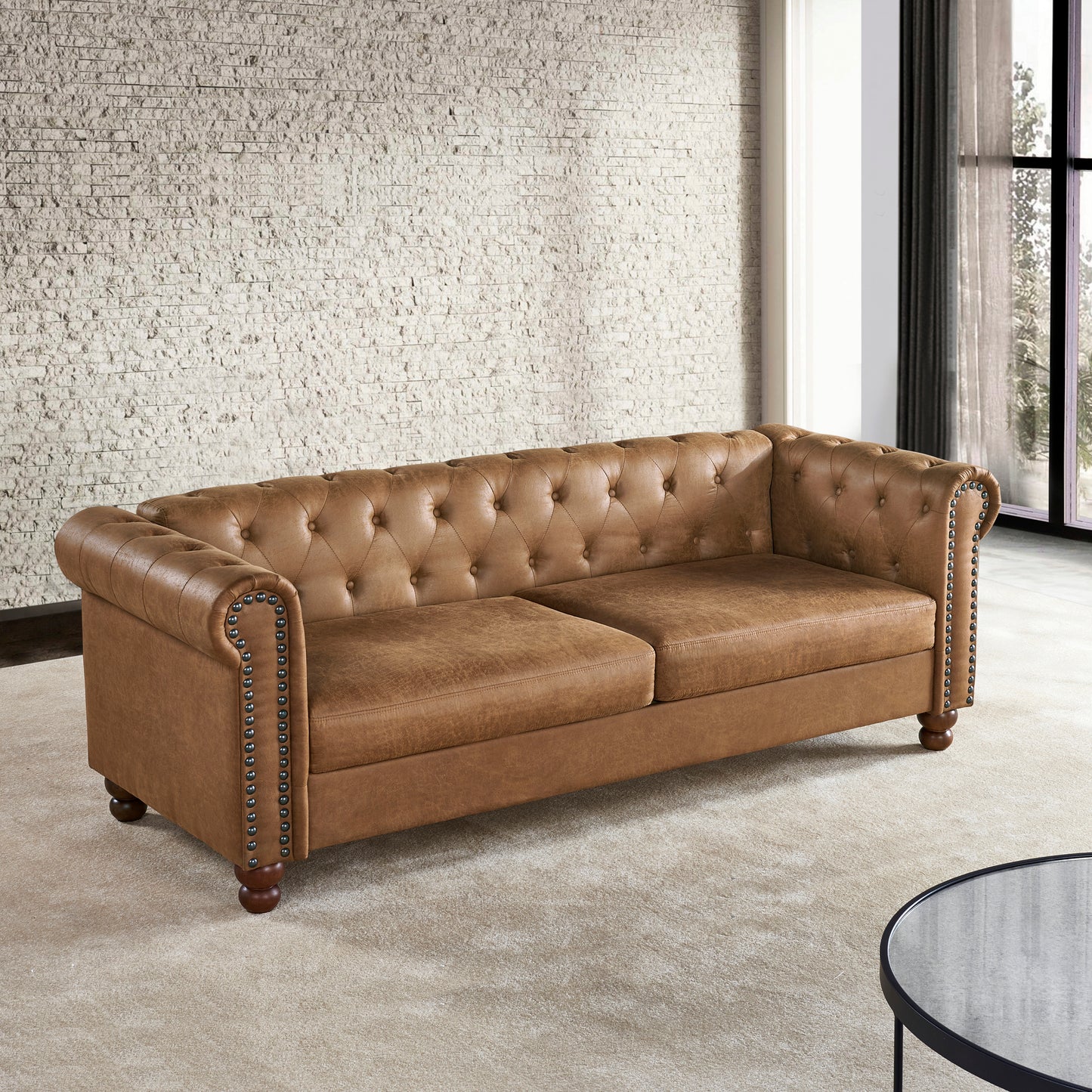 The Mets: Classic Chesterfield Tufted Upholstered Sofa (Brown)