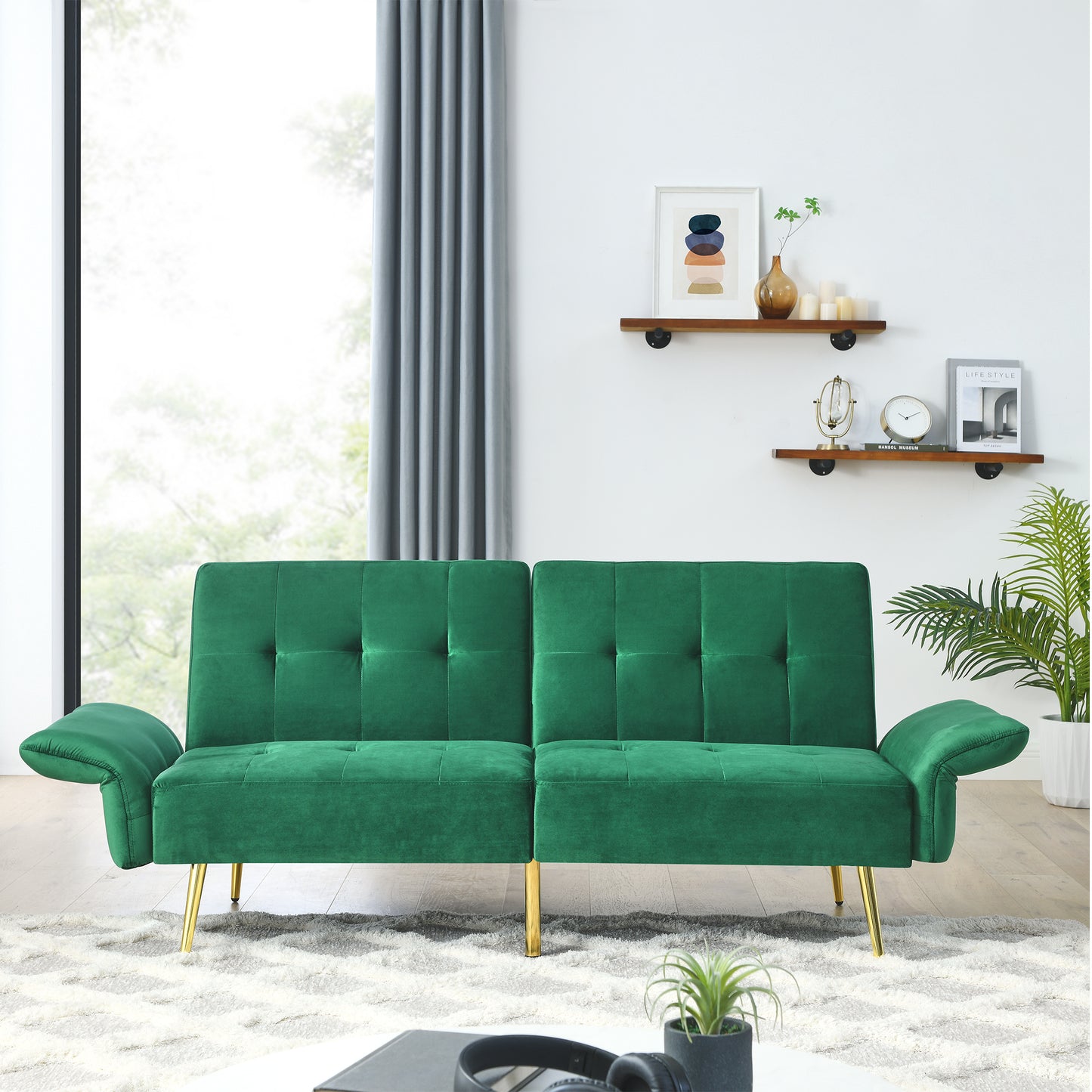 The Bella: Italian Velvet Convertible Sleeper Loveseat (Green)