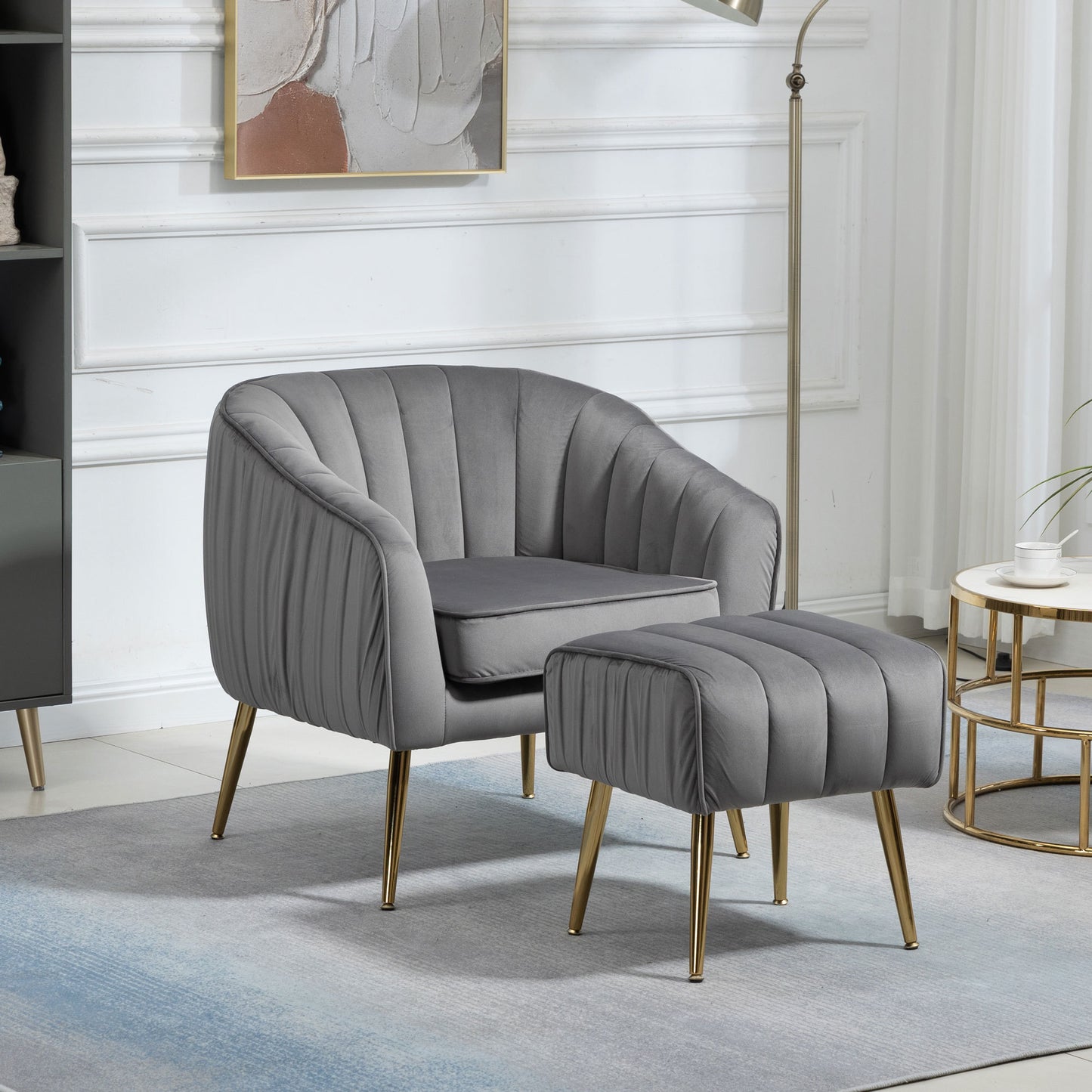 The Isabella: Velvet Tufted Barrel Accent Chair w/ Ottoman (Gray)