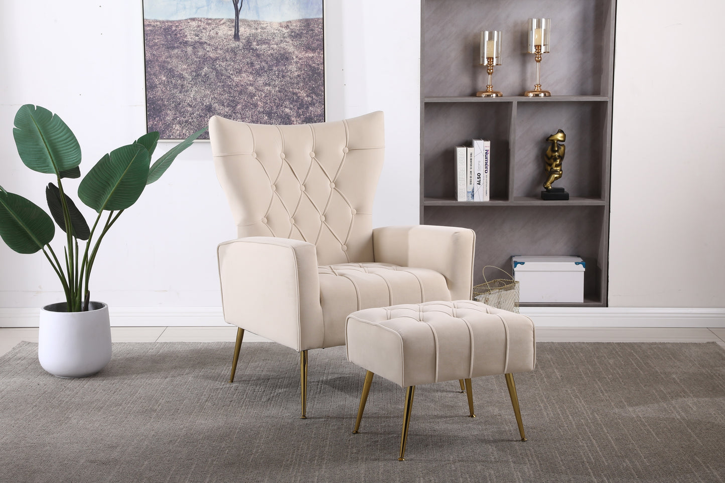 The Lillian: Luxury Accent Chair w/ Ottoman (Beige)