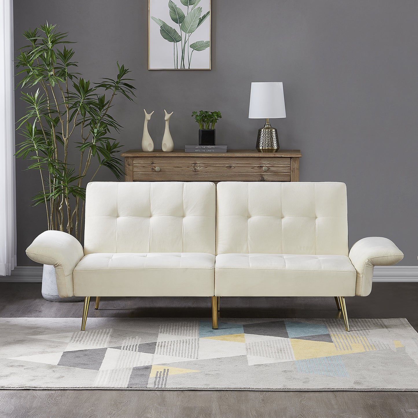 The Bella: Italian Velvet Convertible Sleeper Loveseat (Beige)