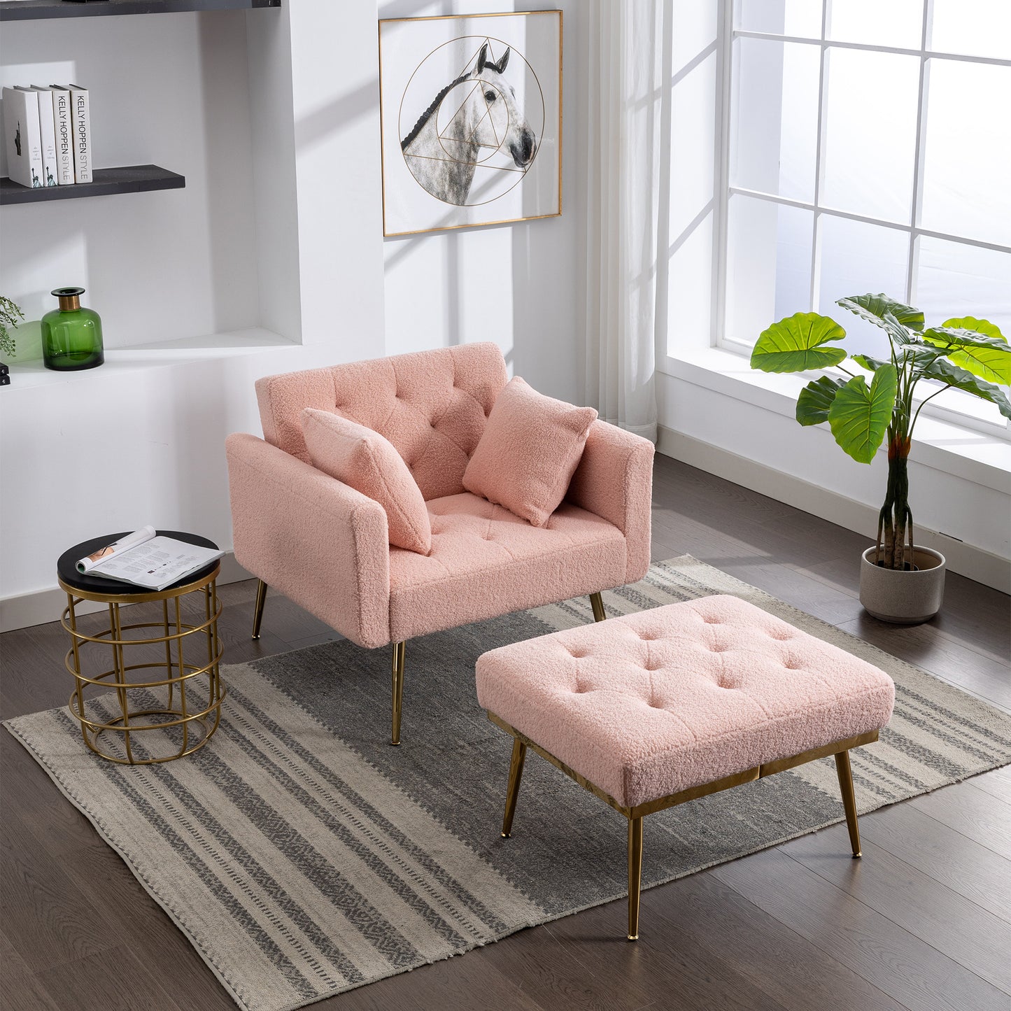 The Gabriella: Wide Modern Accent Chair w/ Ottoman (Pink)