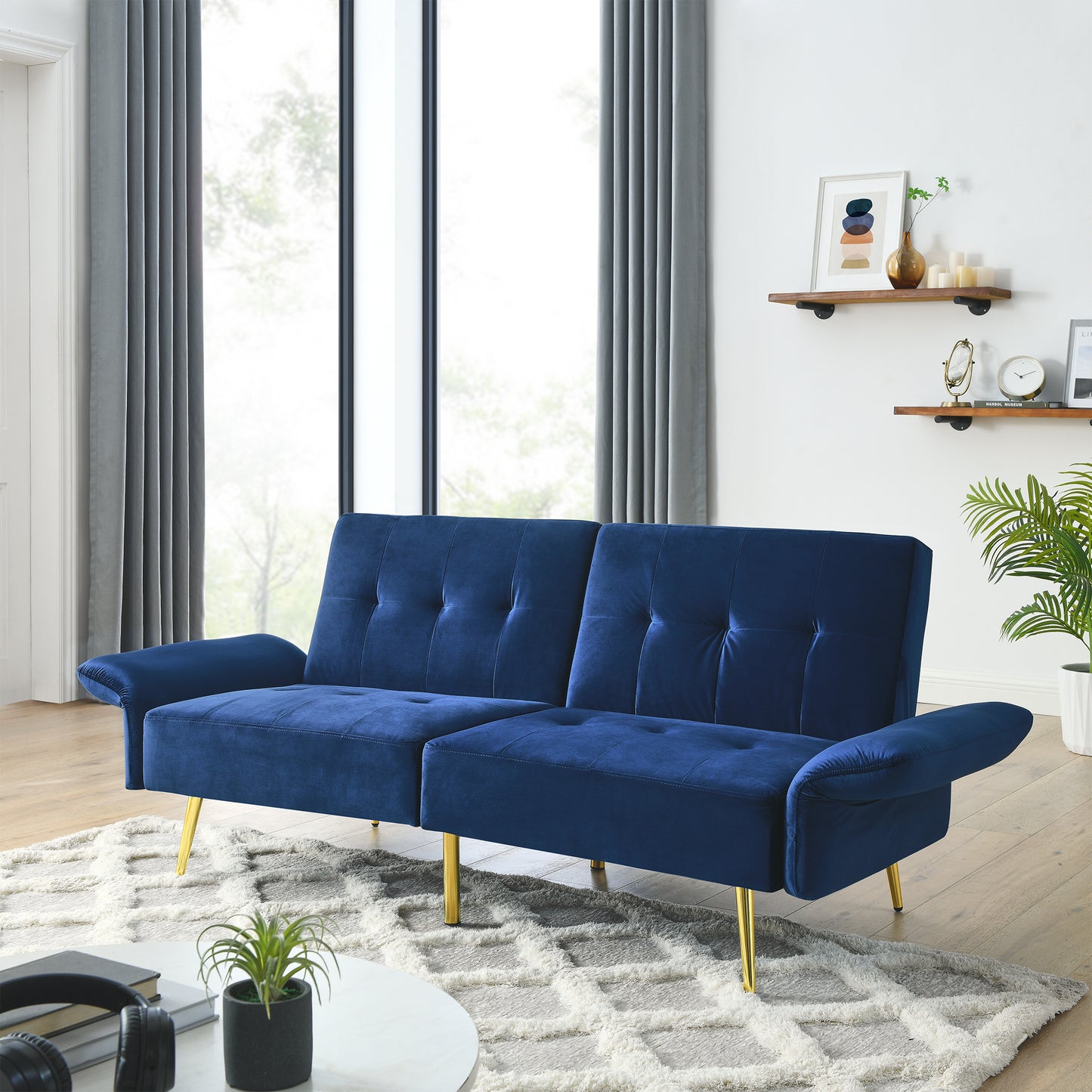 The Bella: Italian Velvet Convertible Sleeper Loveseat (Navy)