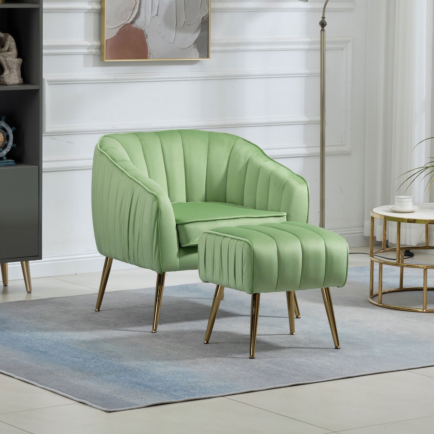 The Isabella: Velvet Tufted Barrel Accent Chair w/ Ottoman (Grass Green)