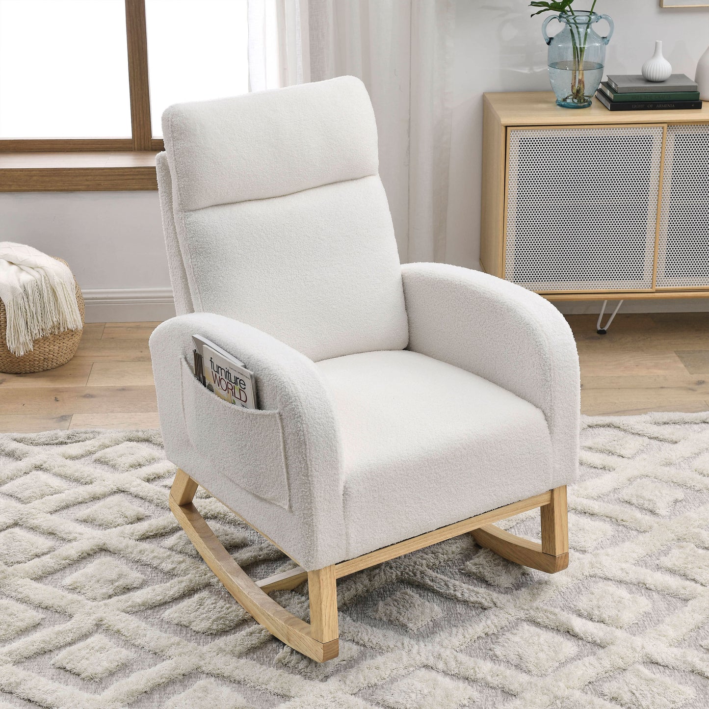 The Ophelia: Modern Accent High Backrest Rocking Chair (Ivory)