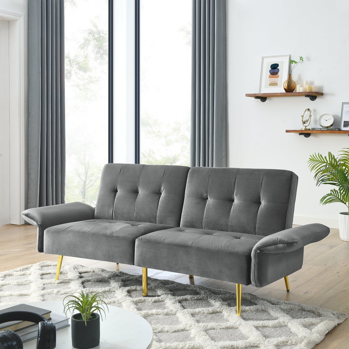 The Bella: Italian Velvet Convertible Sleeper Loveseat (Gray)