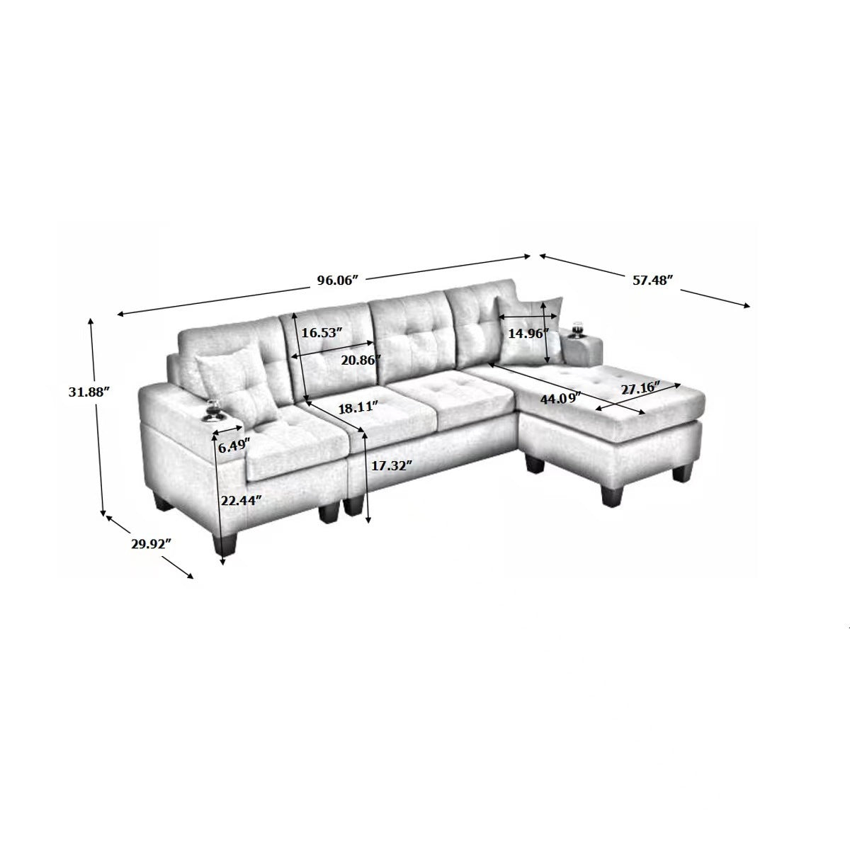 The Penelope: Modern Sectional Sofa w/ Footrest Chaise and Storage (Gray)