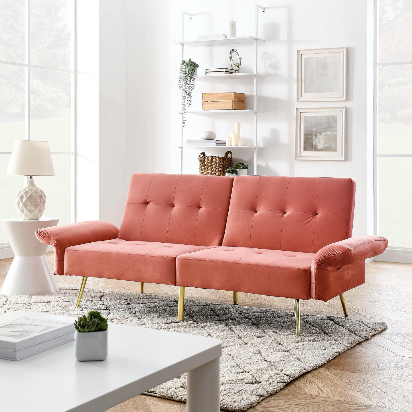 The Bella: Italian Velvet Convertible Sleeper Loveseat (Pink)